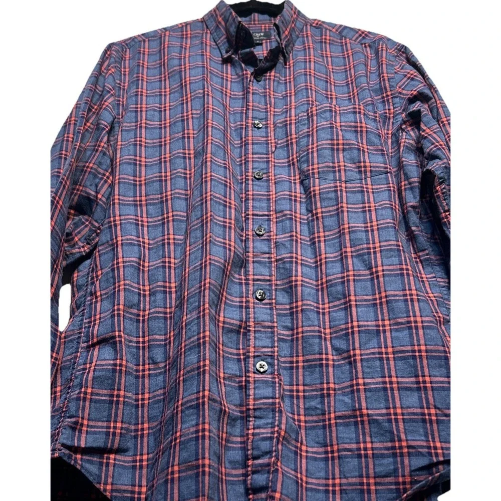 J. Crew Button up Long Sleeve Plaid Heathered Cotton Shirt Blue Orange Sz Medium